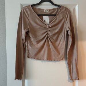 Peach Love California Ruched Long Sleeve Top in Tan